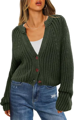 ReachMe Womens Chunky Cable Knit Cardigan Sweaters Long Sleeve Open Front Cropped Cardigan V Neck Button Outerwear