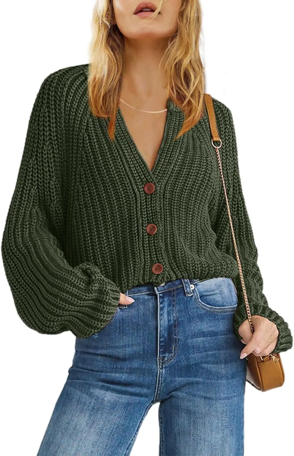 ReachMe Womens Chunky Cable Knit Cardigan Sweaters Long Sleeve Open Front Cropped Cardigan V Neck Button Outerwear