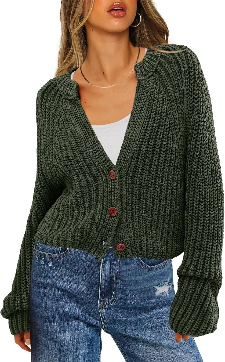 ReachMe Womens Chunky Cable Knit Cardigan Sweaters Long Sleeve Open Front Cropped Cardigan V Neck Button Outerwear