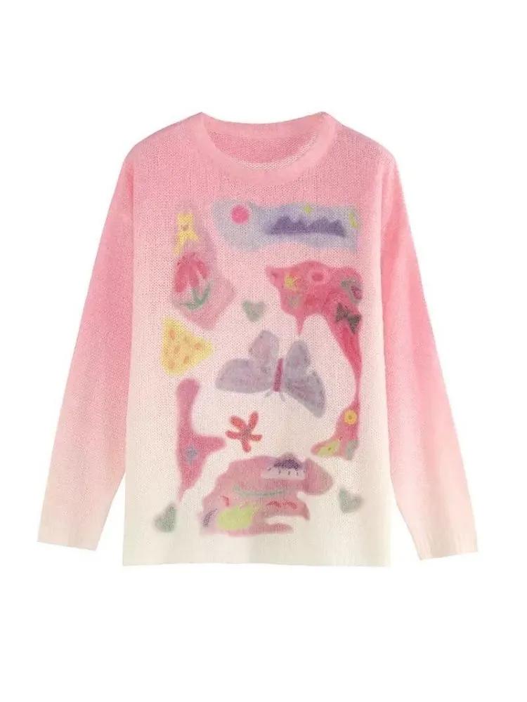 Romantic Butterfly Print Thin Sweater【s0000006237】
