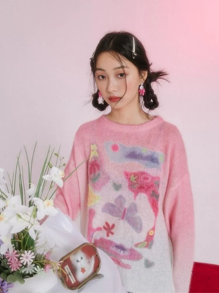 Romantic Butterfly Print Thin Sweater【s0000006237】