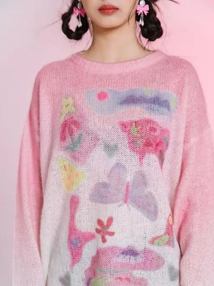 Romantic Butterfly Print Thin Sweater【s0000006237】