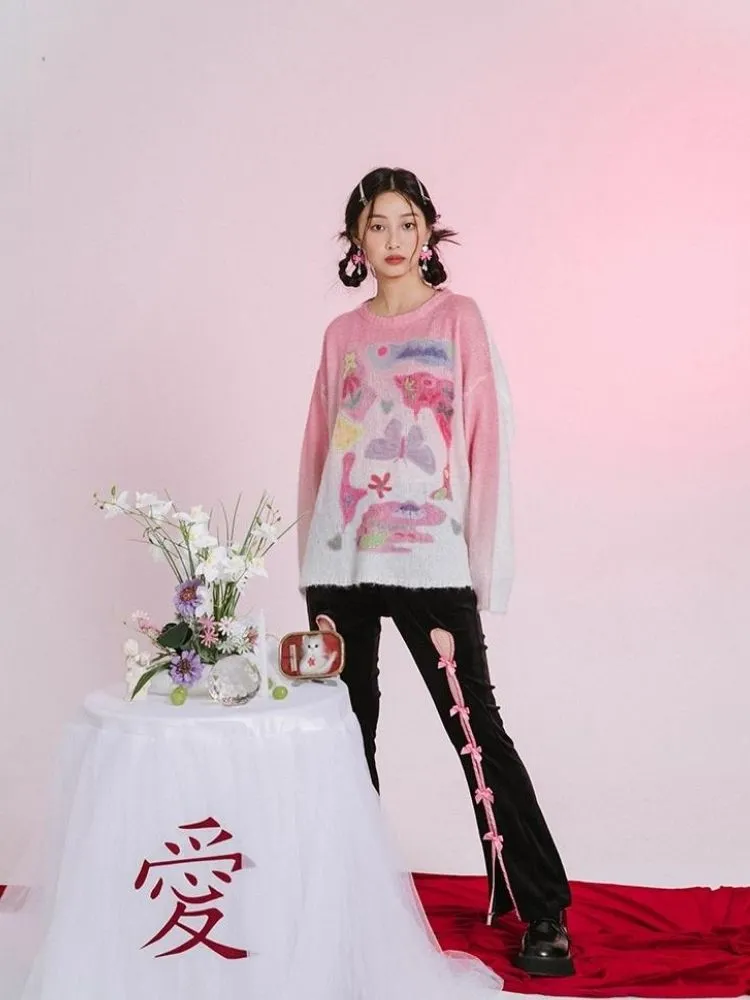 Romantic Butterfly Print Thin Sweater【s0000006237】