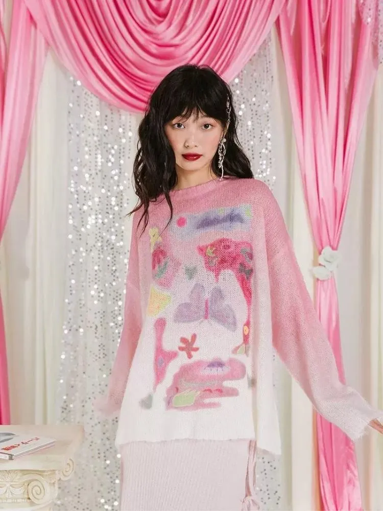Romantic Butterfly Print Thin Sweater【s0000006237】