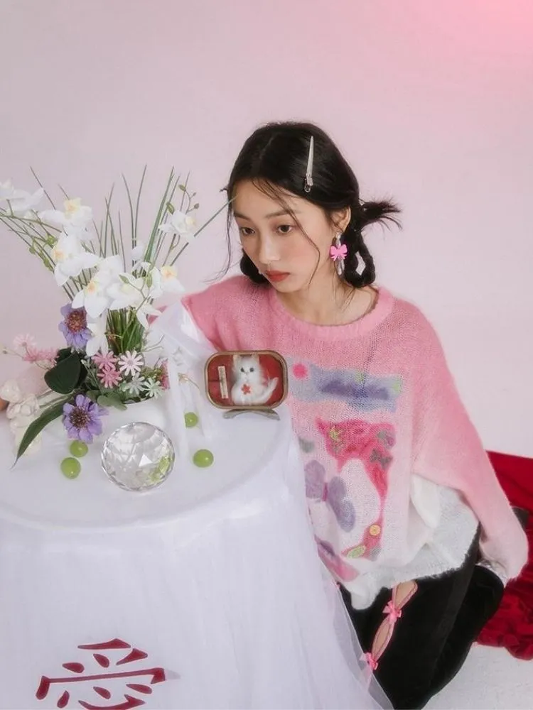 Romantic Butterfly Print Thin Sweater【s0000006237】