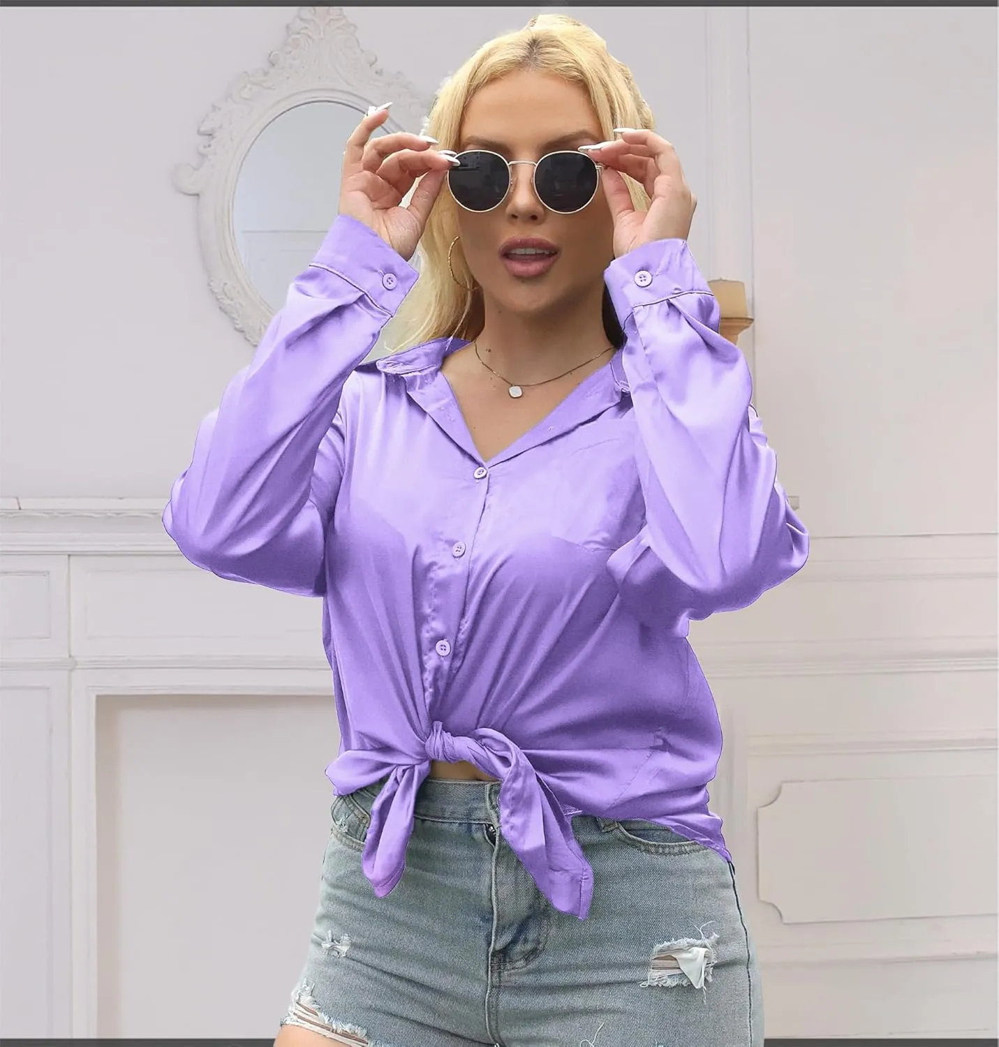 Satin Silk Button Up Blouses for Women Dressy Casual - Button Down Shirts Long Sleeve Office Tops with Pocket