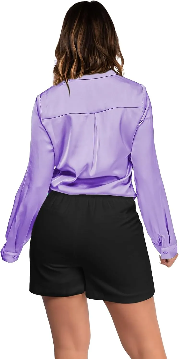 Satin Silk Button Up Blouses for Women Dressy Casual - Button Down Shirts Long Sleeve Office Tops with Pocket
