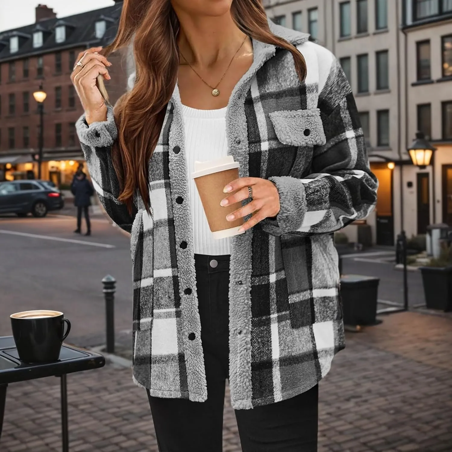 Women Fleece Jackets Casual Flannel Plaid Shacket Button Down Lapel Collared Sherpa Jackets with Pockets Fall Coat