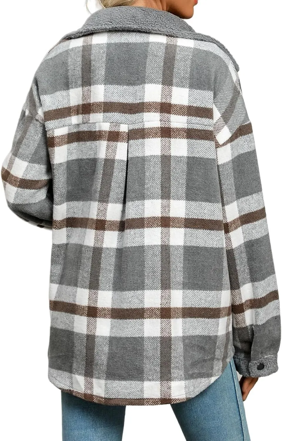 Women Fleece Jackets Casual Flannel Plaid Shacket Button Down Lapel Collared Sherpa Jackets with Pockets Fall Coat