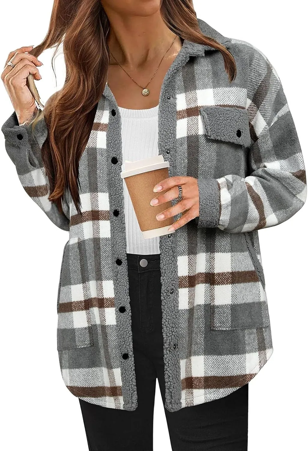 Women Fleece Jackets Casual Flannel Plaid Shacket Button Down Lapel Collared Sherpa Jackets with Pockets Fall Coat