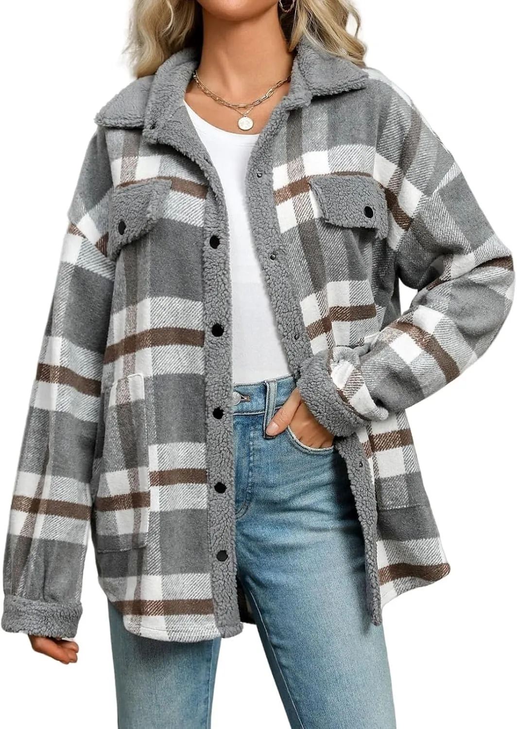 Women Fleece Jackets Casual Flannel Plaid Shacket Button Down Lapel Collared Sherpa Jackets with Pockets Fall Coat