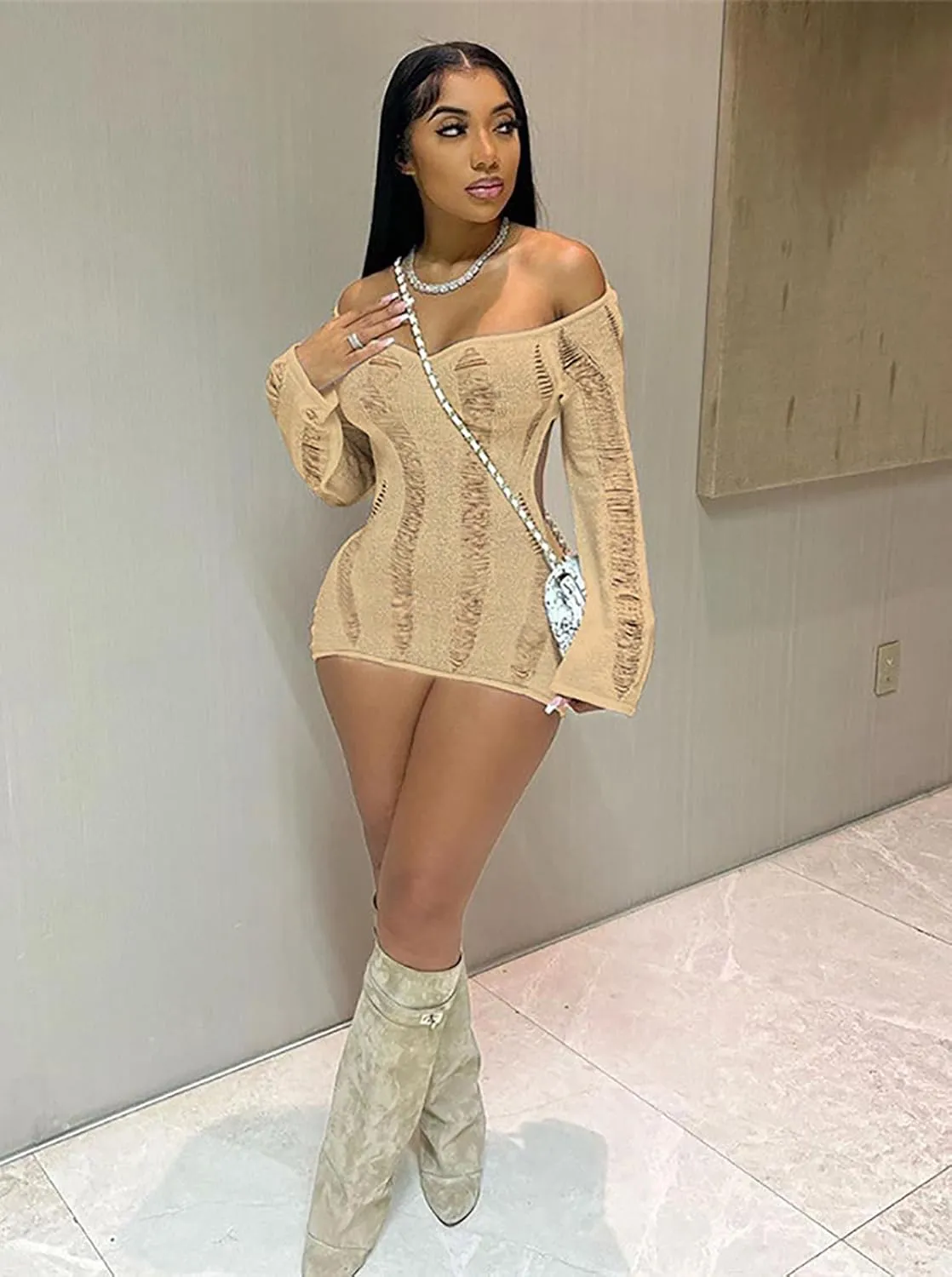 Women Sexy Crochet Knitted Hollow Out Long Sleeve Mini Dress Backless Bodycon Club Party Night Dress Y2K Dress