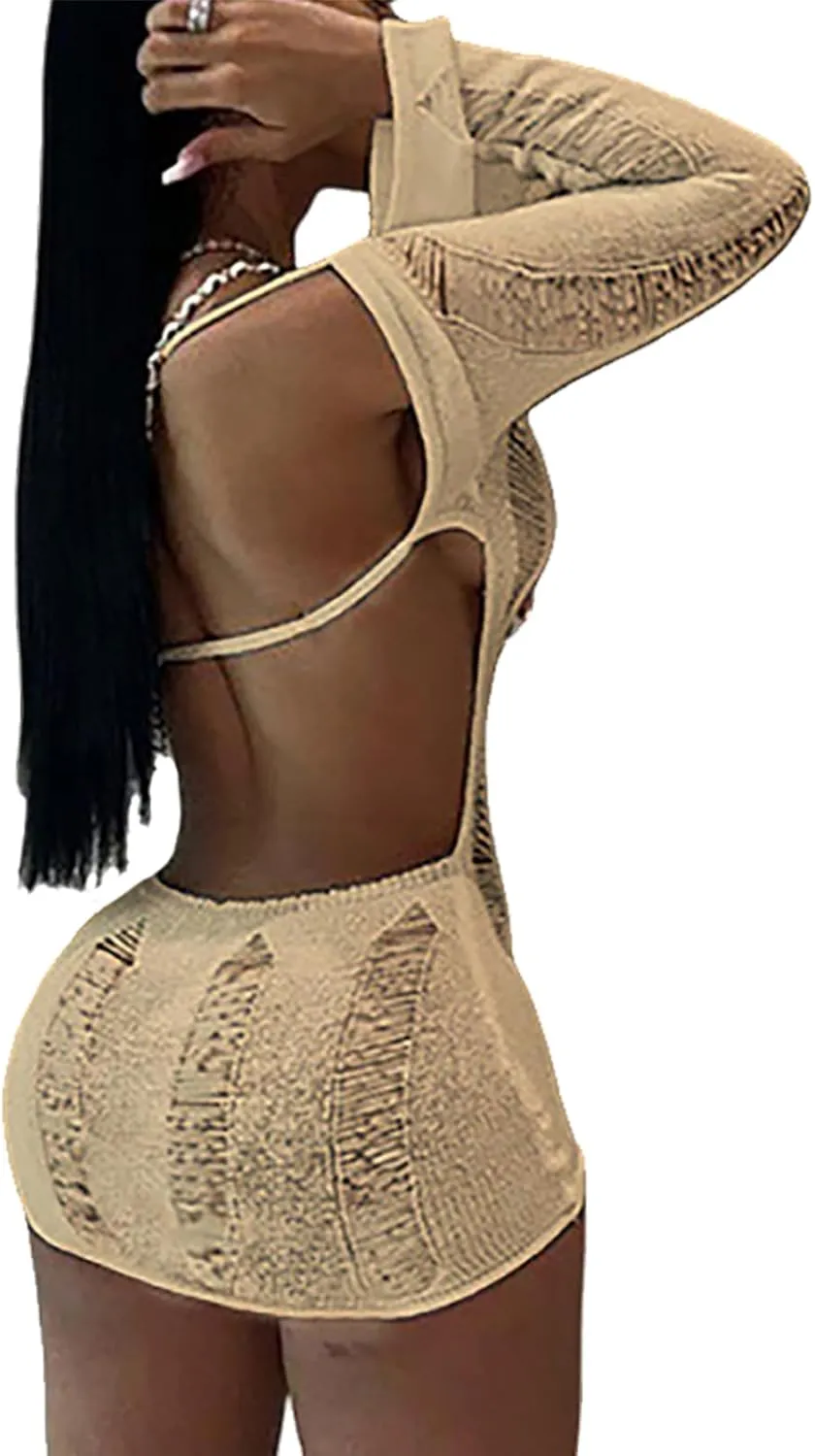 Women Sexy Crochet Knitted Hollow Out Long Sleeve Mini Dress Backless Bodycon Club Party Night Dress Y2K Dress