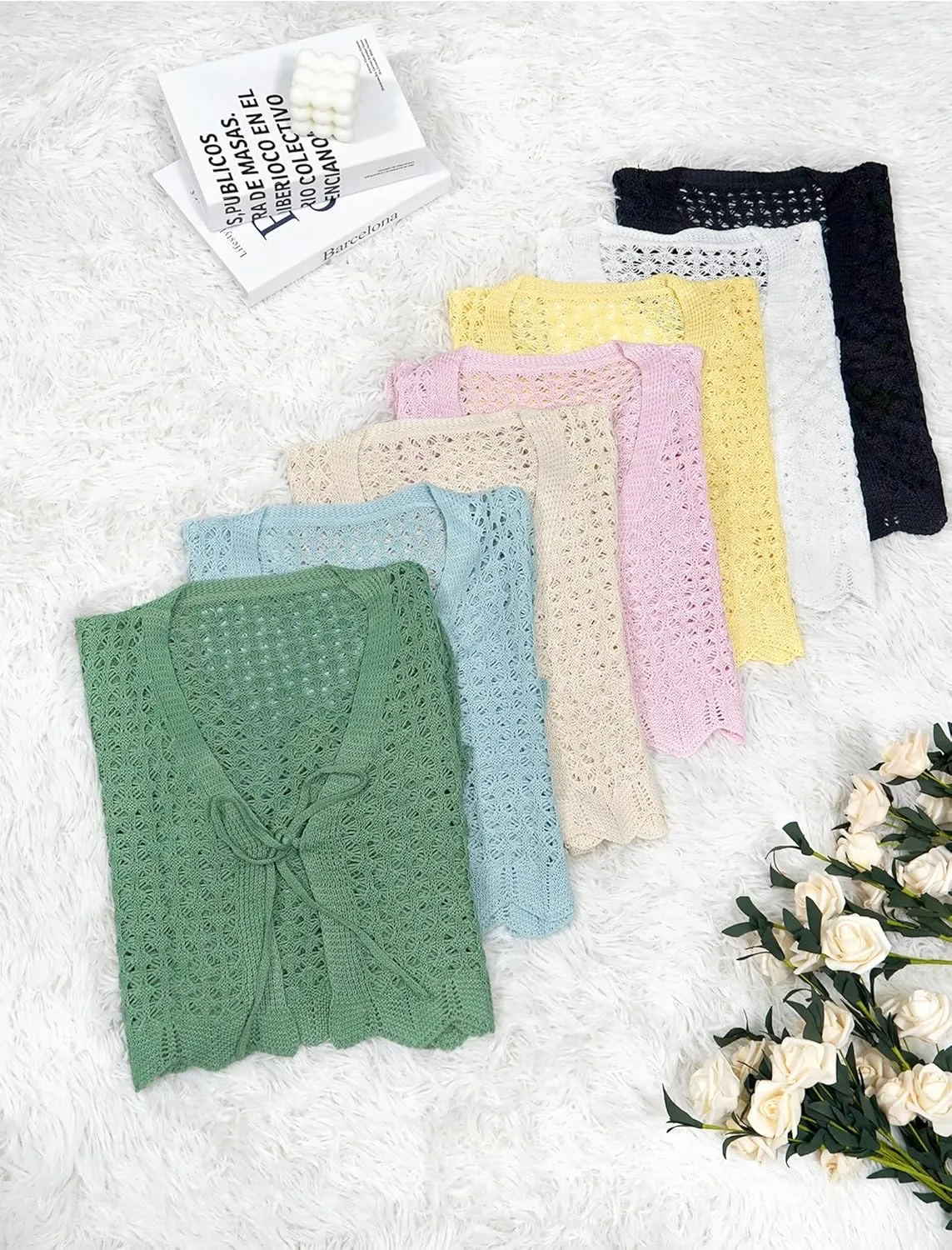 Women Tie Front Cropped Cardigan Crochet Bolero Shrug Sweater Bell Sleeve Knit Crop Top