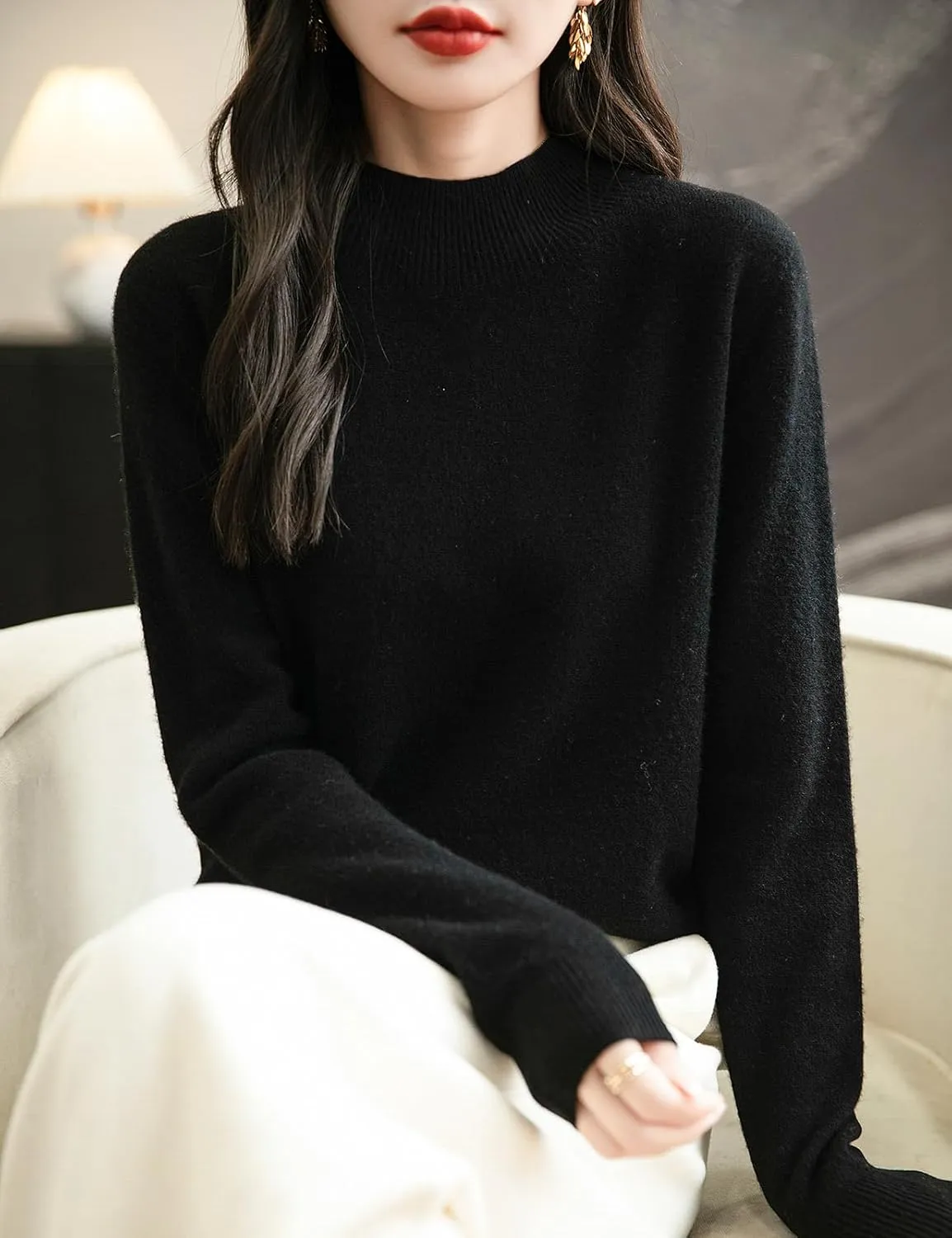 Women's 100% Merino Wool Seamless Sweater Mock Neck First-Line Ready to Wear Long Sleeve Knitted Pullover Tops