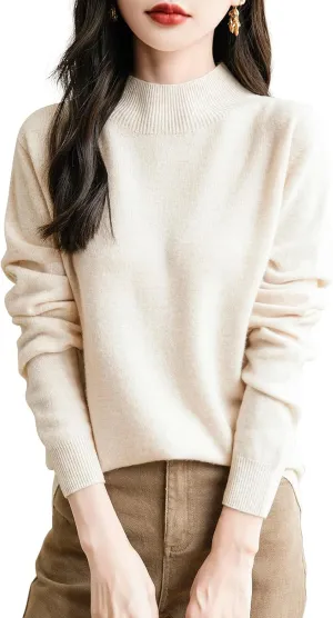 Women's 100% Merino Wool Seamless Sweater Mock Neck First-Line Ready to Wear Long Sleeve Knitted Pullover Tops
