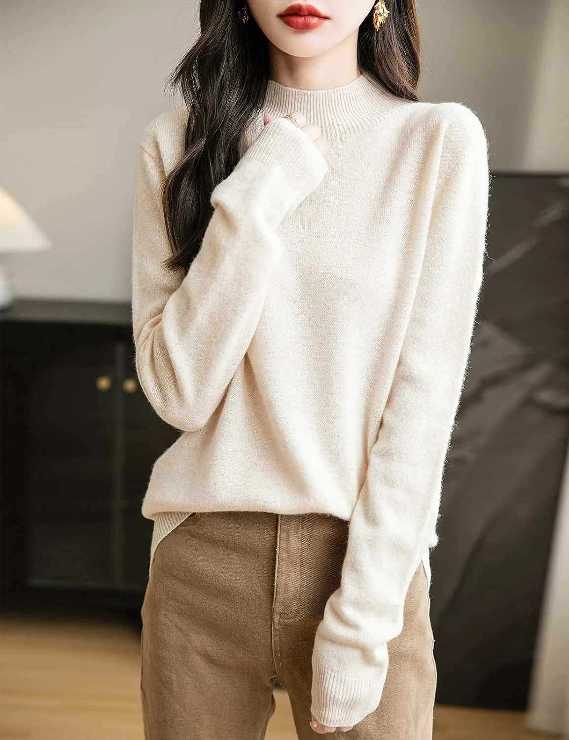 Women's 100% Merino Wool Seamless Sweater Mock Neck First-Line Ready to Wear Long Sleeve Knitted Pullover Tops