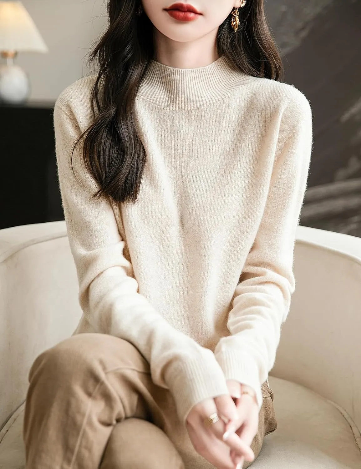 Women's 100% Merino Wool Seamless Sweater Mock Neck First-Line Ready to Wear Long Sleeve Knitted Pullover Tops