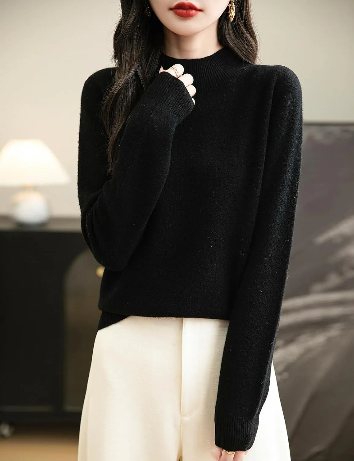 Women's 100% Merino Wool Seamless Sweater Mock Neck First-Line Ready to Wear Long Sleeve Knitted Pullover Tops