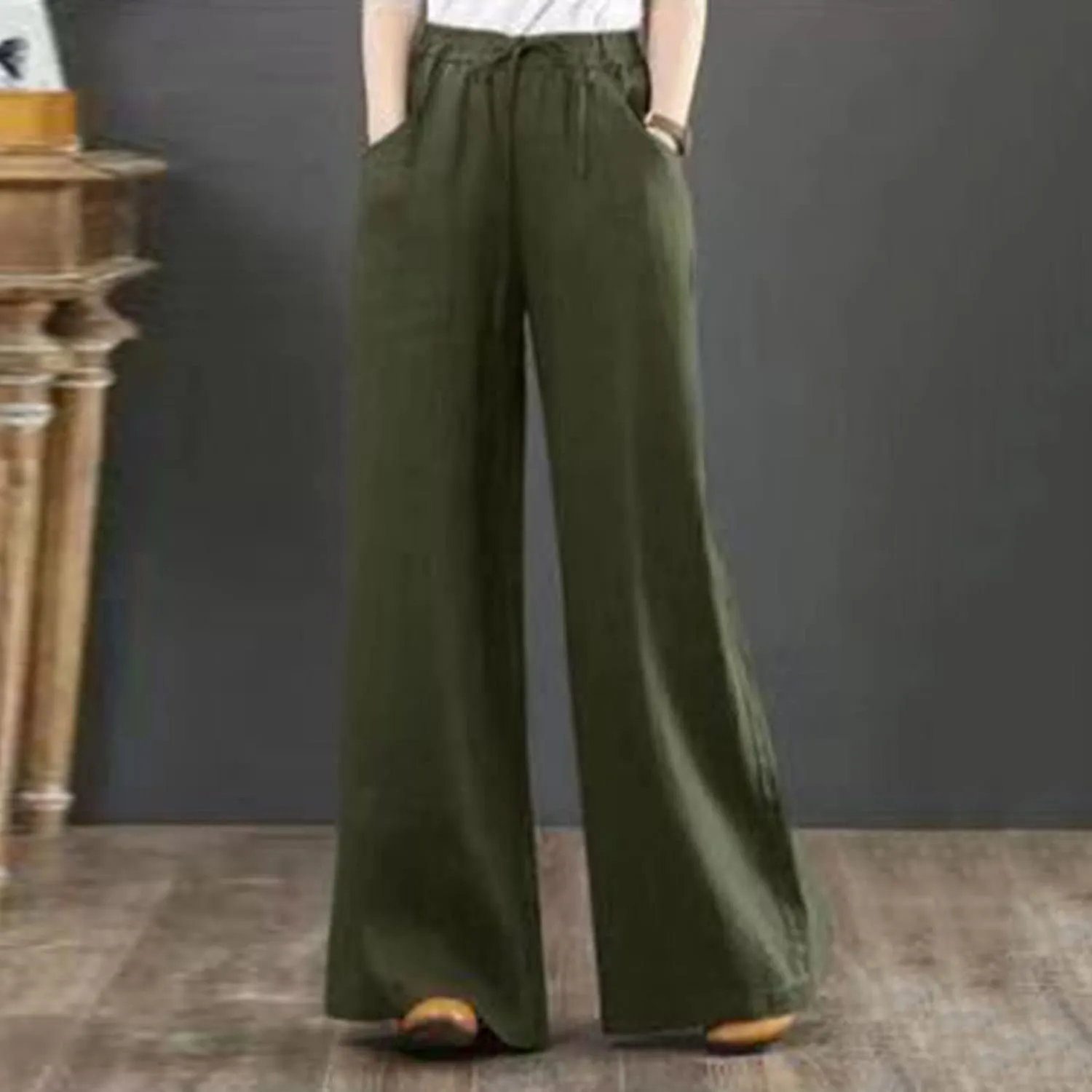 Womens Casual Cotton Linen Pants Casual Lightweight Wide Leg Palazzo Pant Drawstring Elastic Waist Pants with Pockets