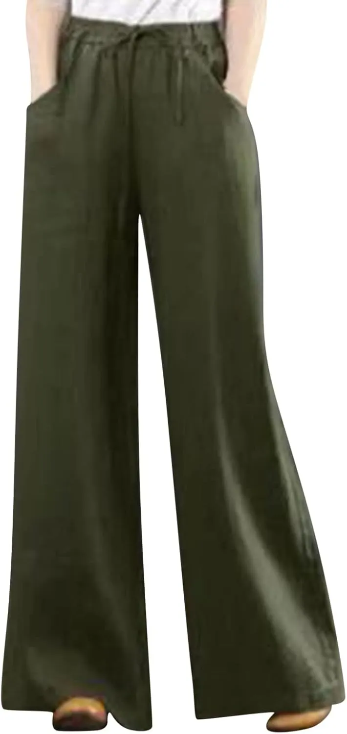 Womens Casual Cotton Linen Pants Casual Lightweight Wide Leg Palazzo Pant Drawstring Elastic Waist Pants with Pockets