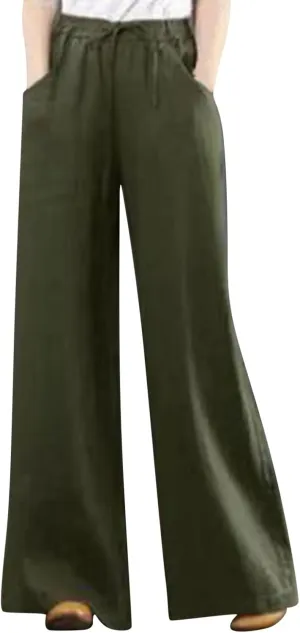 Womens Casual Cotton Linen Pants Casual Lightweight Wide Leg Palazzo Pant Drawstring Elastic Waist Pants with Pockets