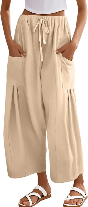 Womens Casual Cotton Linen Pants Drawstring Elastic Waist Palazzo Pants Casual Flowy Wide Leg Trousers with Pockets