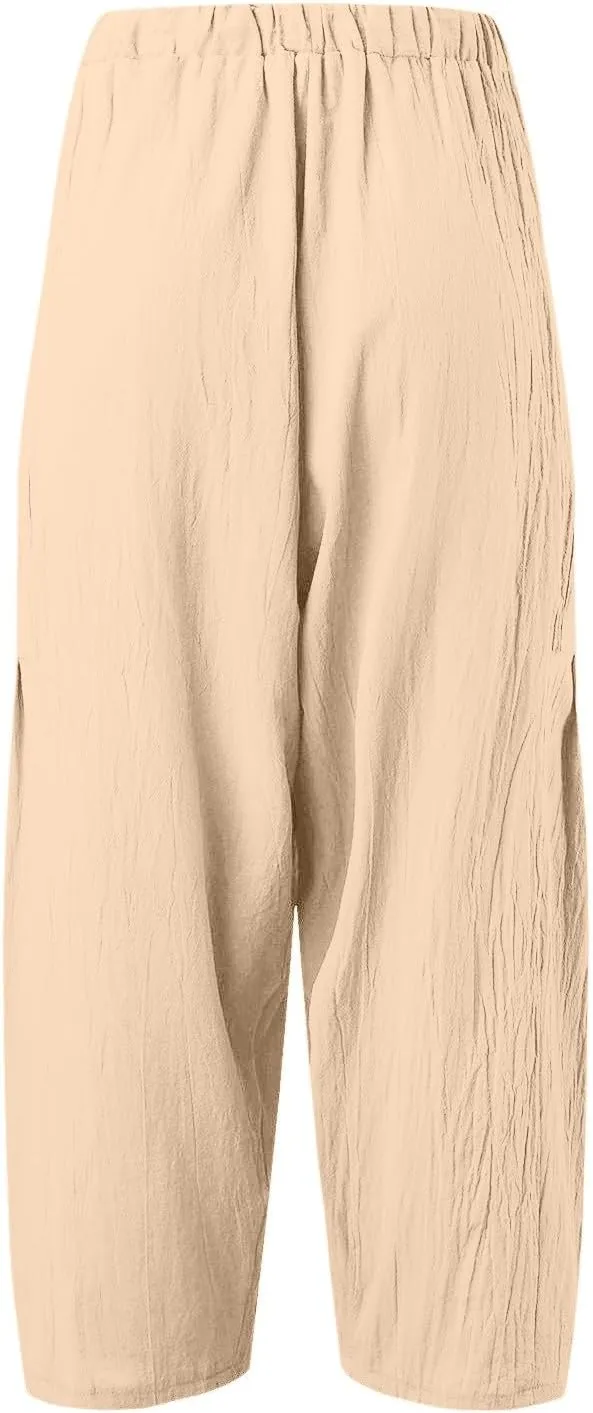Womens Casual Cotton Linen Pants Drawstring Elastic Waist Palazzo Pants Casual Flowy Wide Leg Trousers with Pockets
