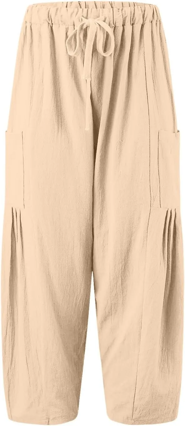 Womens Casual Cotton Linen Pants Drawstring Elastic Waist Palazzo Pants Casual Flowy Wide Leg Trousers with Pockets