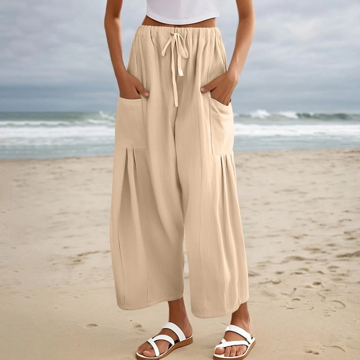 Womens Casual Cotton Linen Pants Drawstring Elastic Waist Palazzo Pants Casual Flowy Wide Leg Trousers with Pockets