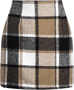 Women's Casual High Waist Plaid Skirt Bodycon Pencil Wool Mini Skirts