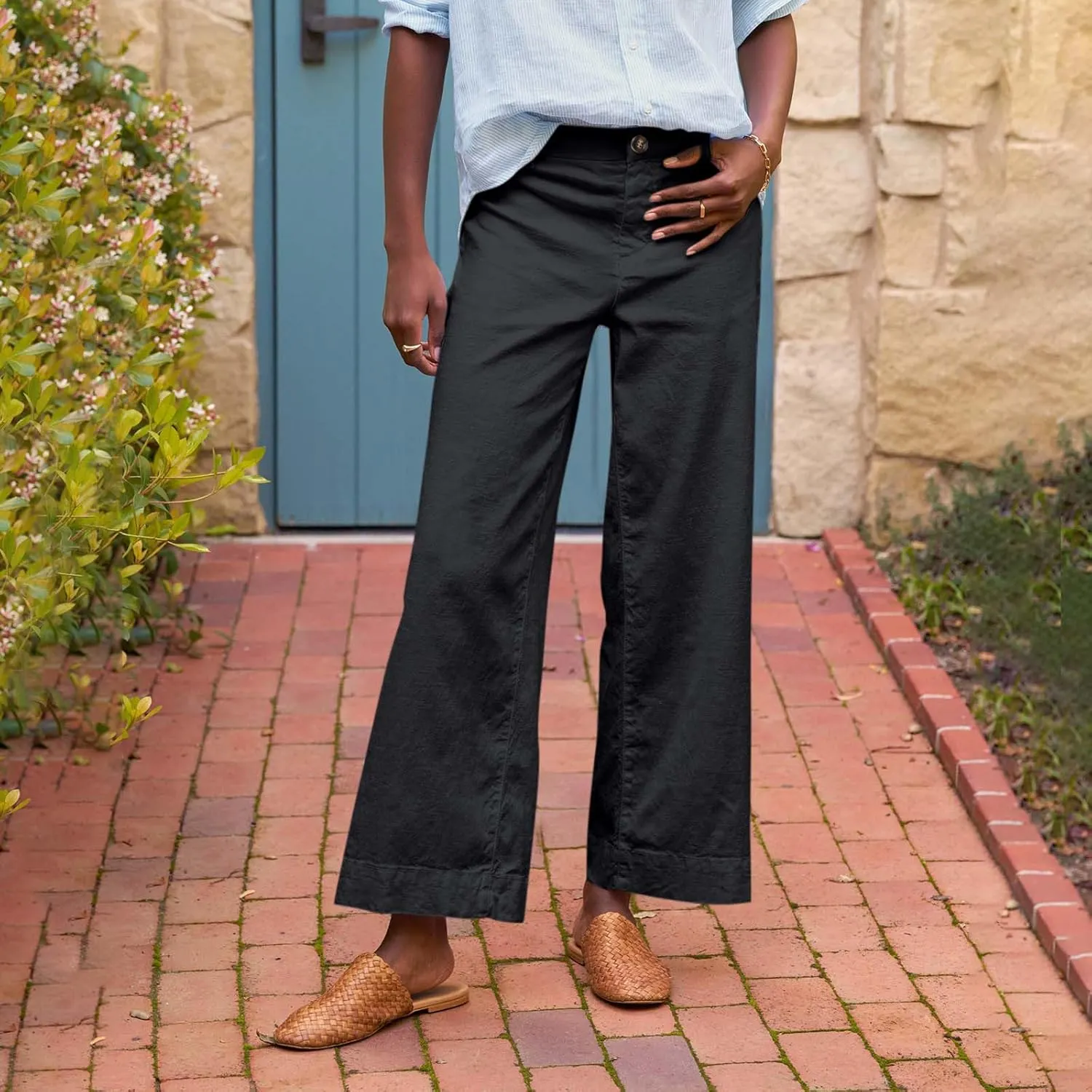Womens Pants, Casual Pants Linen Loose Peasant Straight Leg Striped Side 2025