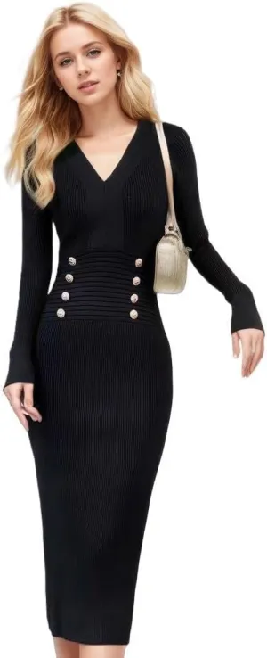 Women's Sexy Buttocks Wrapped Long Sleeve Knitted Sweater Button V-Neck Mini Slim Fitting Dress.