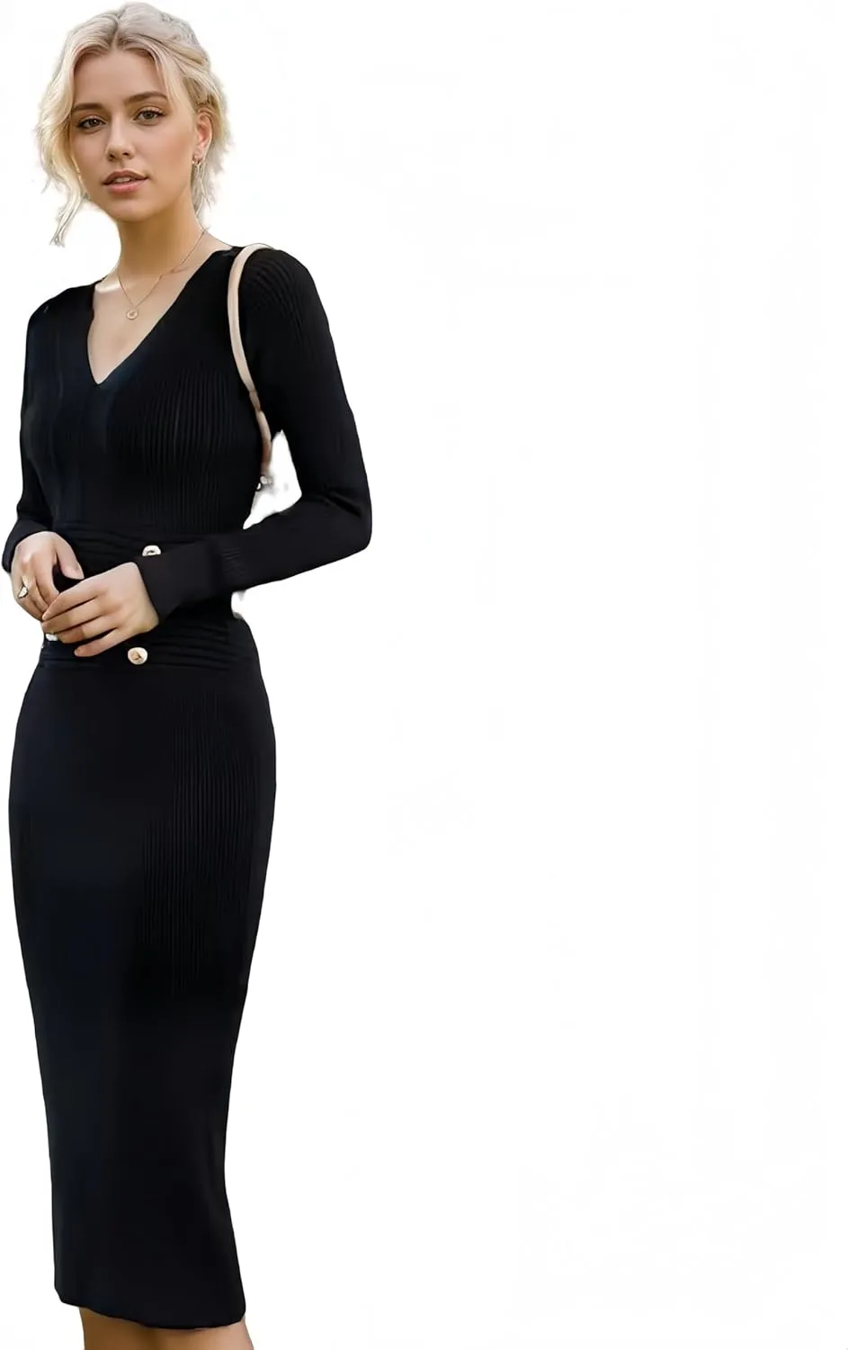 Women's Sexy Buttocks Wrapped Long Sleeve Knitted Sweater Button V-Neck Mini Slim Fitting Dress.