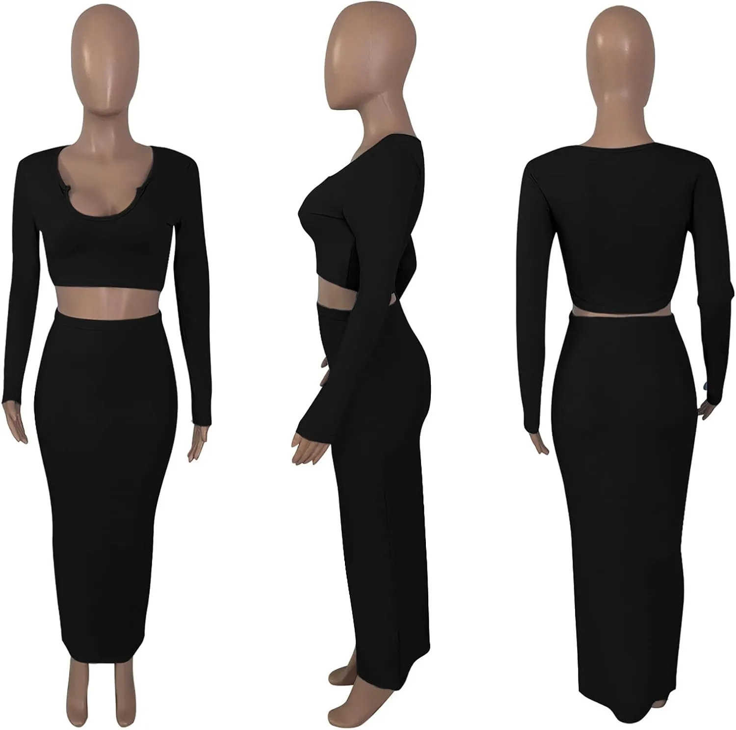 Womens Sexy Summer Scoop Neck Ribbed 2 Piece Outfits Dress Crop Tank Top Maxi Long Skirt Set Beach Party Dress