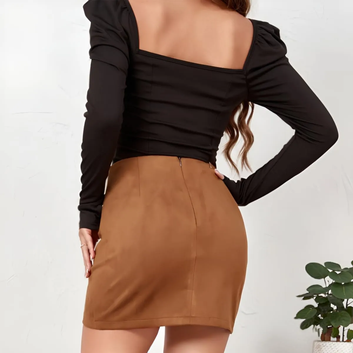 Womens Skirt Ruched Wrap High Waist Faux Suede Skirt Zipper Back Above Knee A Line Bodycon Mini Skirt Basic Skirt