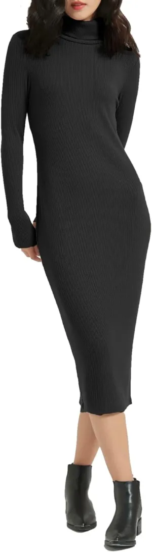 Women's Turtleneck Long Sleeve Knitted Slim Fit Bodycon Sweater Midi Winter Dress