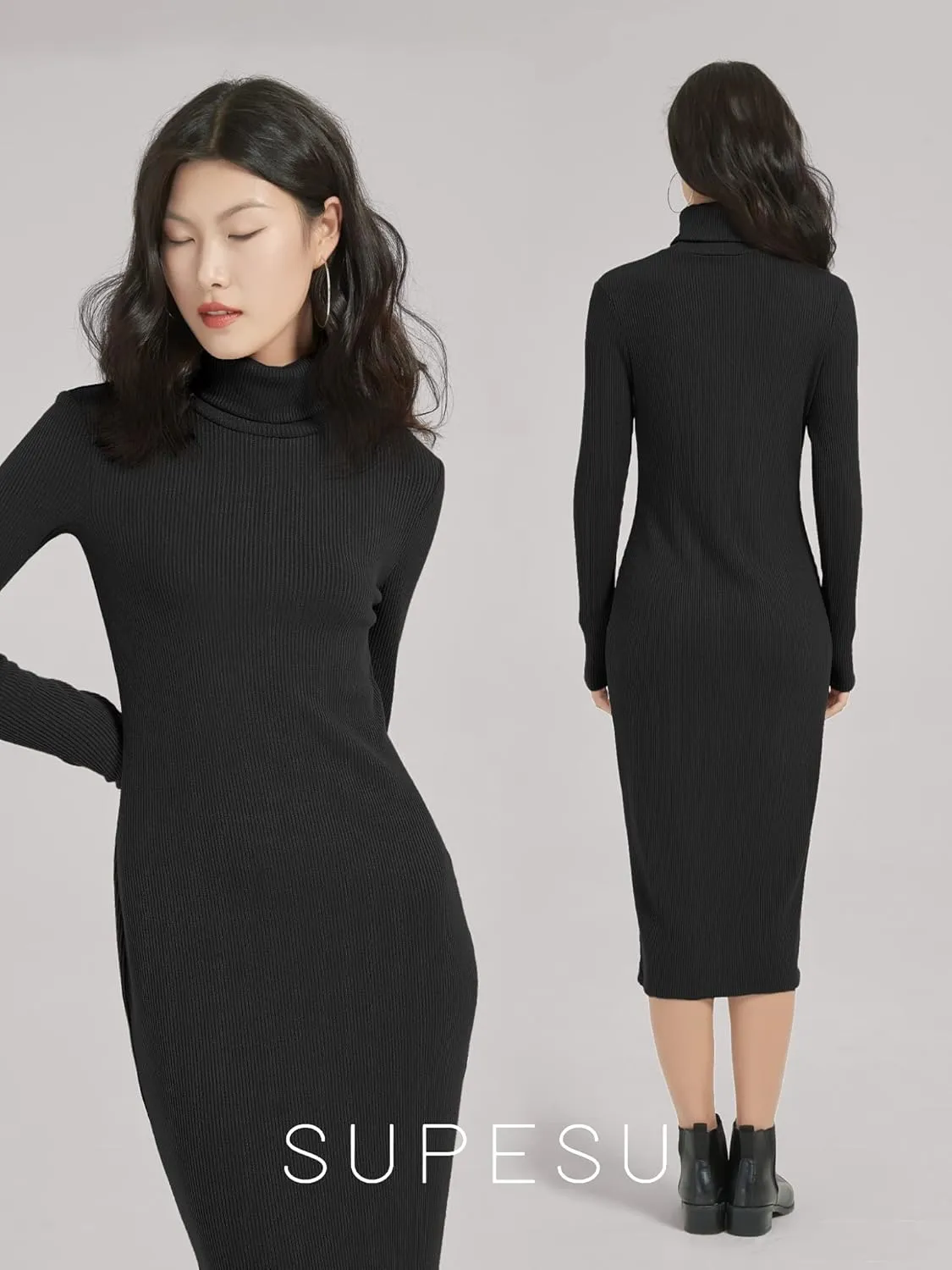 Women's Turtleneck Long Sleeve Knitted Slim Fit Bodycon Sweater Midi Winter Dress