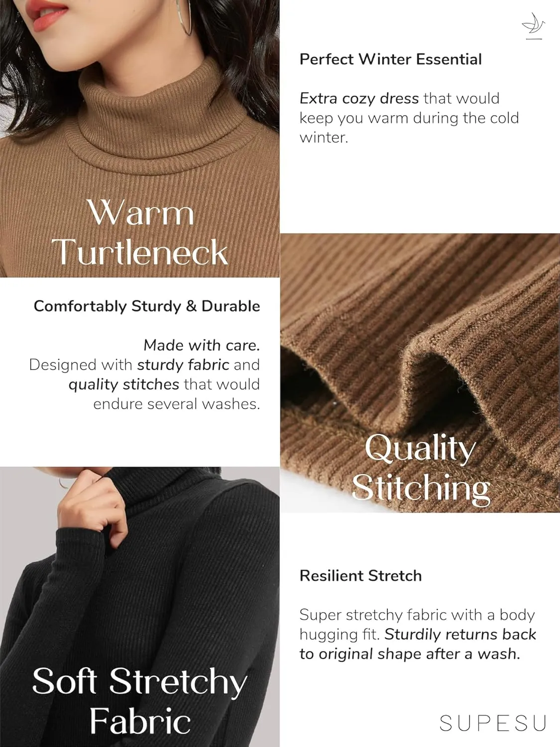 Women's Turtleneck Long Sleeve Knitted Slim Fit Bodycon Sweater Midi Winter Dress