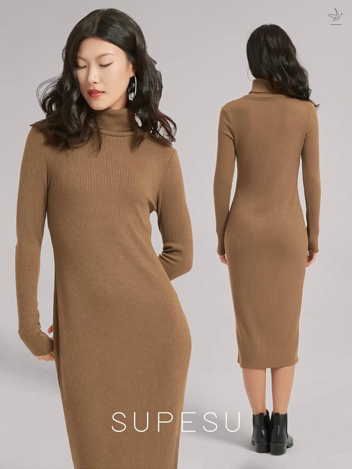 Women's Turtleneck Long Sleeve Knitted Slim Fit Bodycon Sweater Midi Winter Dress
