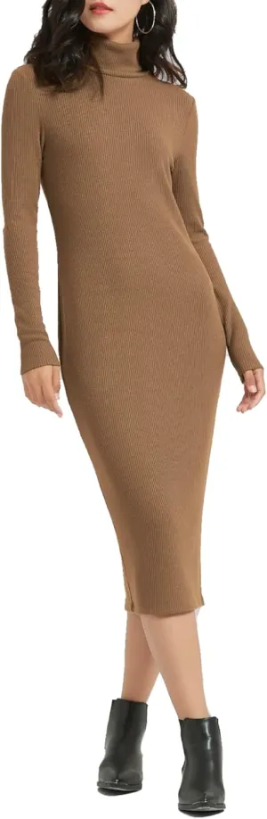 Women's Turtleneck Long Sleeve Knitted Slim Fit Bodycon Sweater Midi Winter Dress