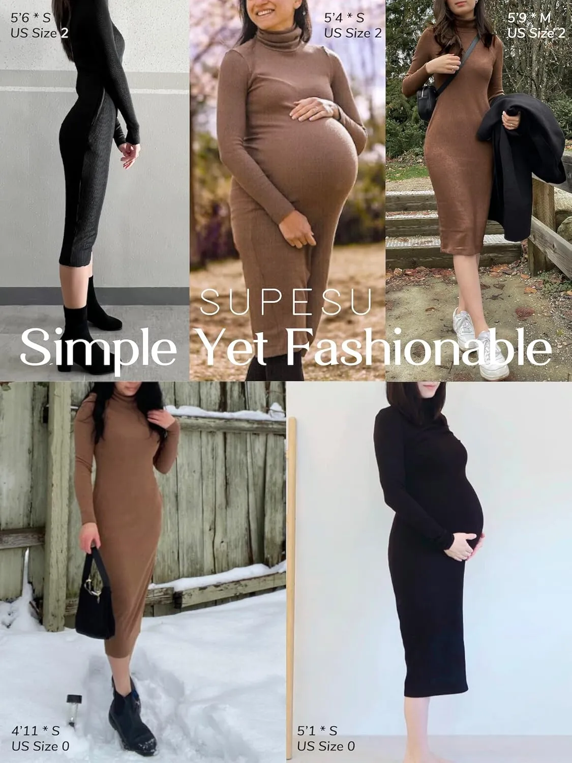 Women's Turtleneck Long Sleeve Knitted Slim Fit Bodycon Sweater Midi Winter Dress