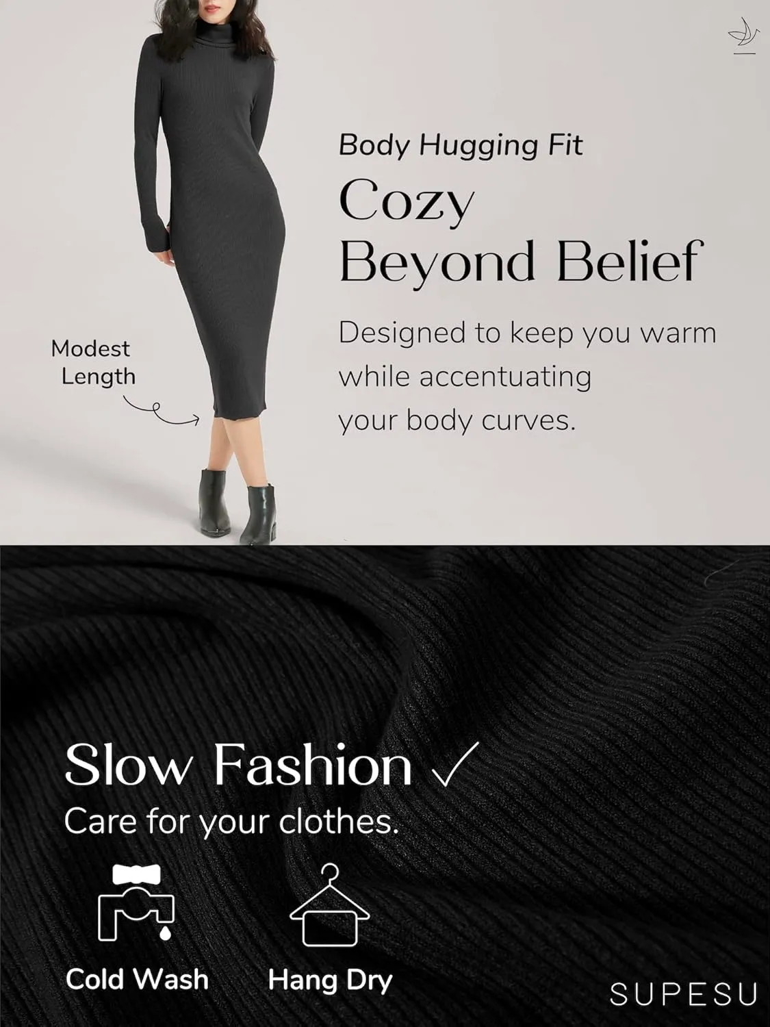 Women's Turtleneck Long Sleeve Knitted Slim Fit Bodycon Sweater Midi Winter Dress