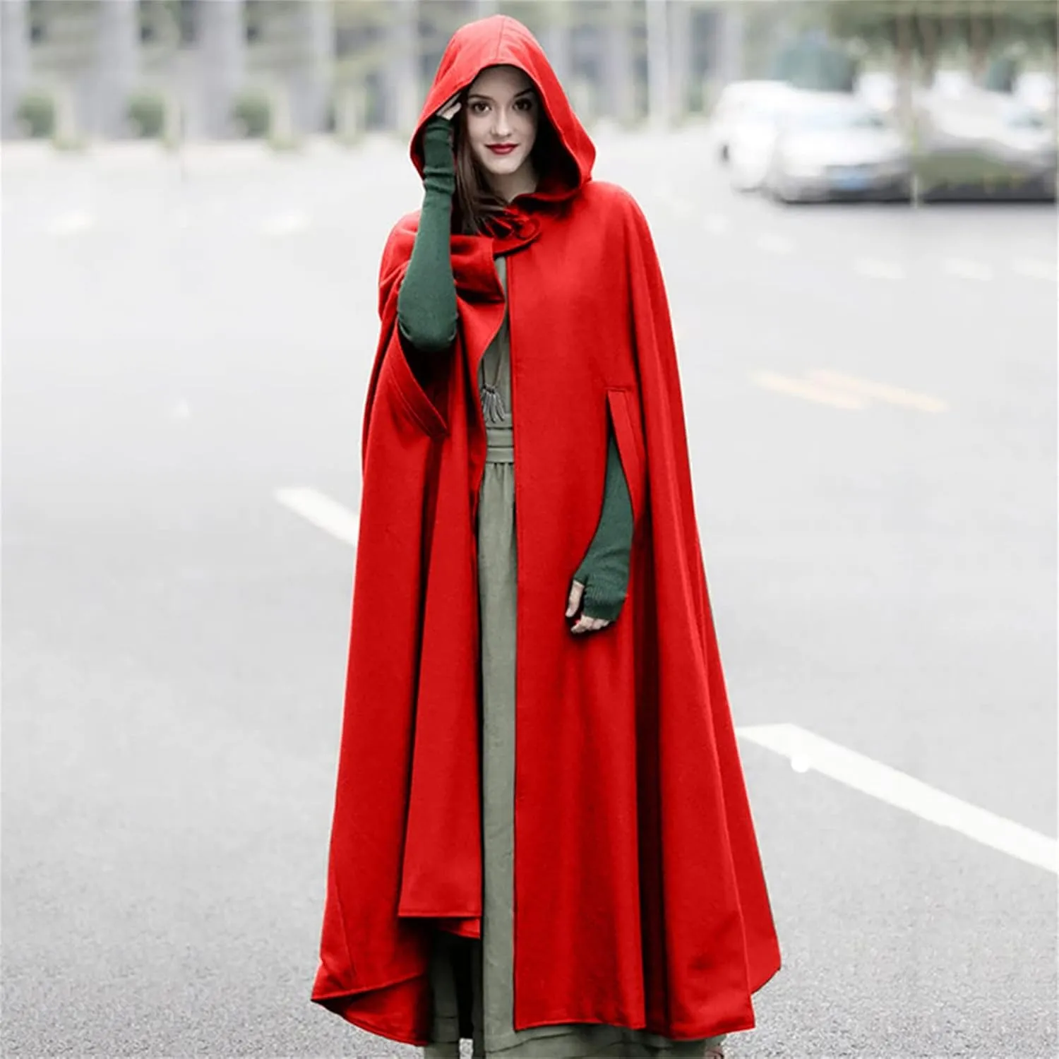 XUNRYAN Womens Winter Cape Coat Wool Blend Hooded Cloak Maxi Long Cardigans Open Front Poncho Outwear Halloween Costume
