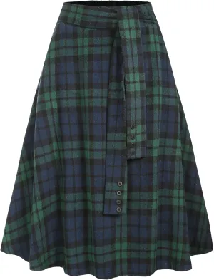 ZAFUL Women's Winter Skirt Plaid A-Line Pleated Midi Skirt High Elastic Waist Vintage Tartan Skirt with Pockets