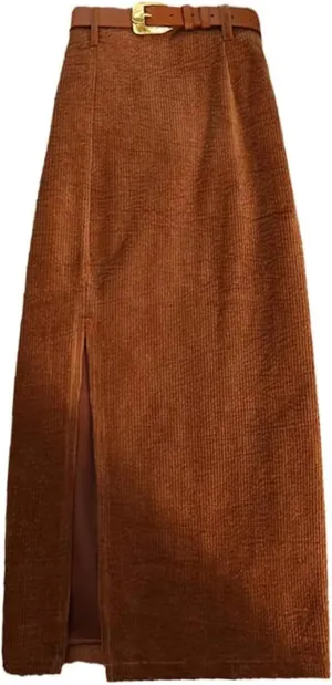 ZAJ Falda Women's Corduroy Slit Thigh Midi Skirt High Waist A Line Belted Bodycon Long Skirt for Autumn and Winter Casual
