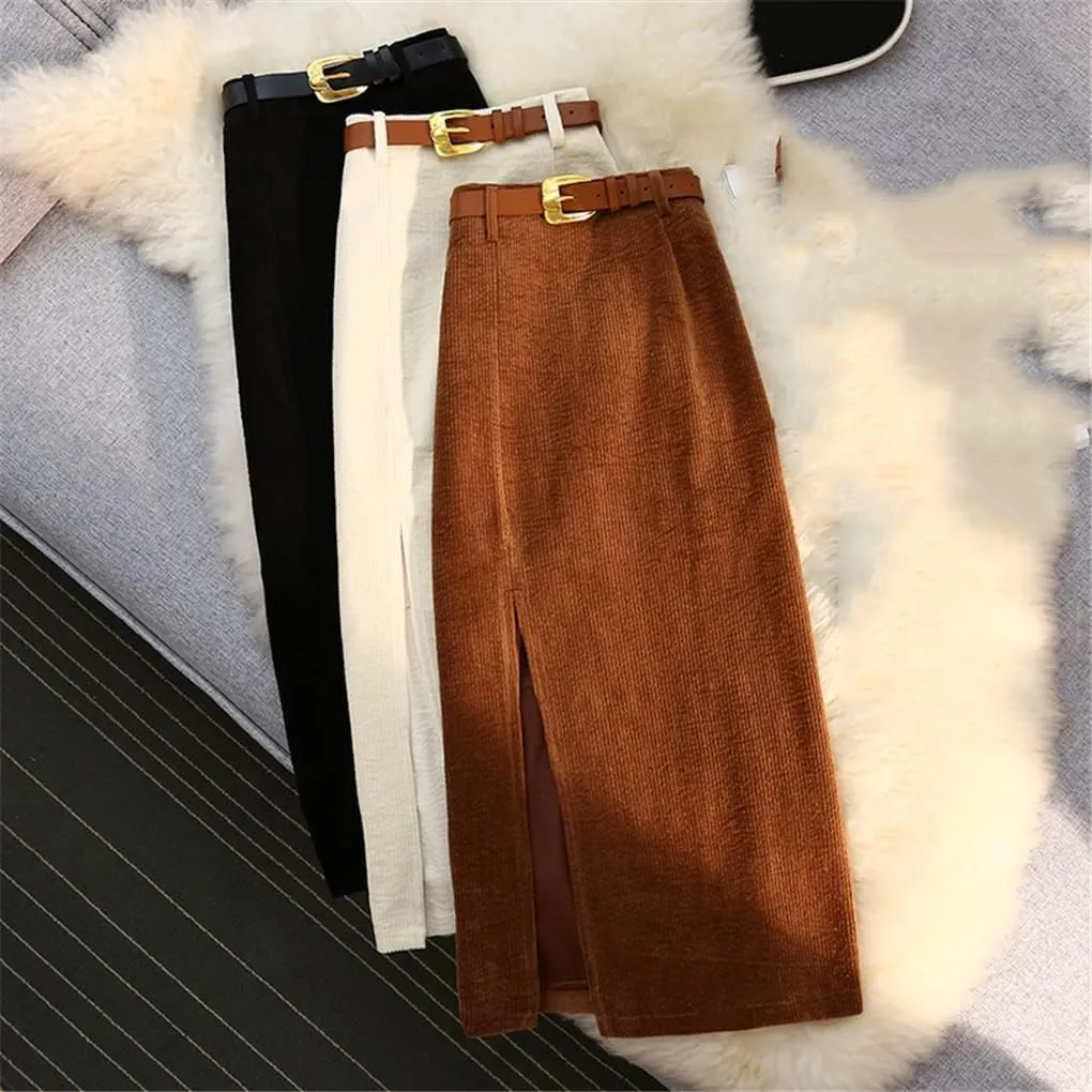 ZAJ Falda Women's Corduroy Slit Thigh Midi Skirt High Waist A Line Belted Bodycon Long Skirt for Autumn and Winter Casual