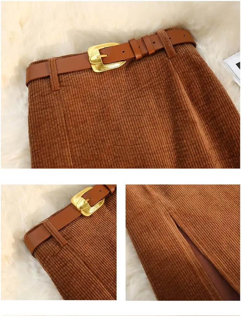 ZAJ Falda Women's Corduroy Slit Thigh Midi Skirt High Waist A Line Belted Bodycon Long Skirt for Autumn and Winter Casual