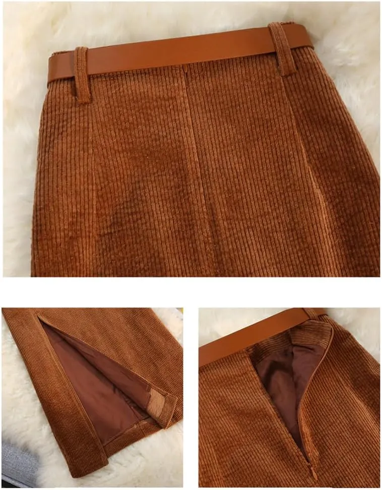 ZAJ Falda Women's Corduroy Slit Thigh Midi Skirt High Waist A Line Belted Bodycon Long Skirt for Autumn and Winter Casual