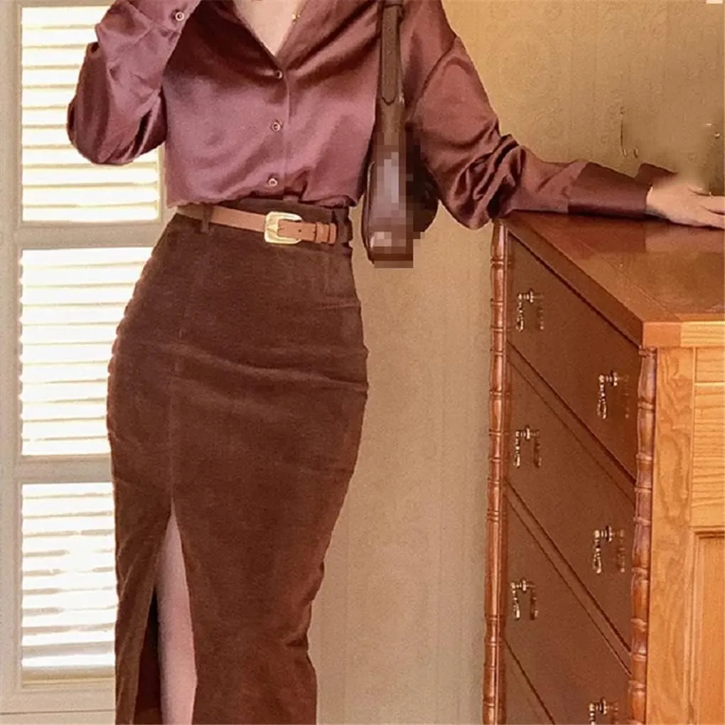 ZAJ Falda Women's Corduroy Slit Thigh Midi Skirt High Waist A Line Belted Bodycon Long Skirt for Autumn and Winter Casual